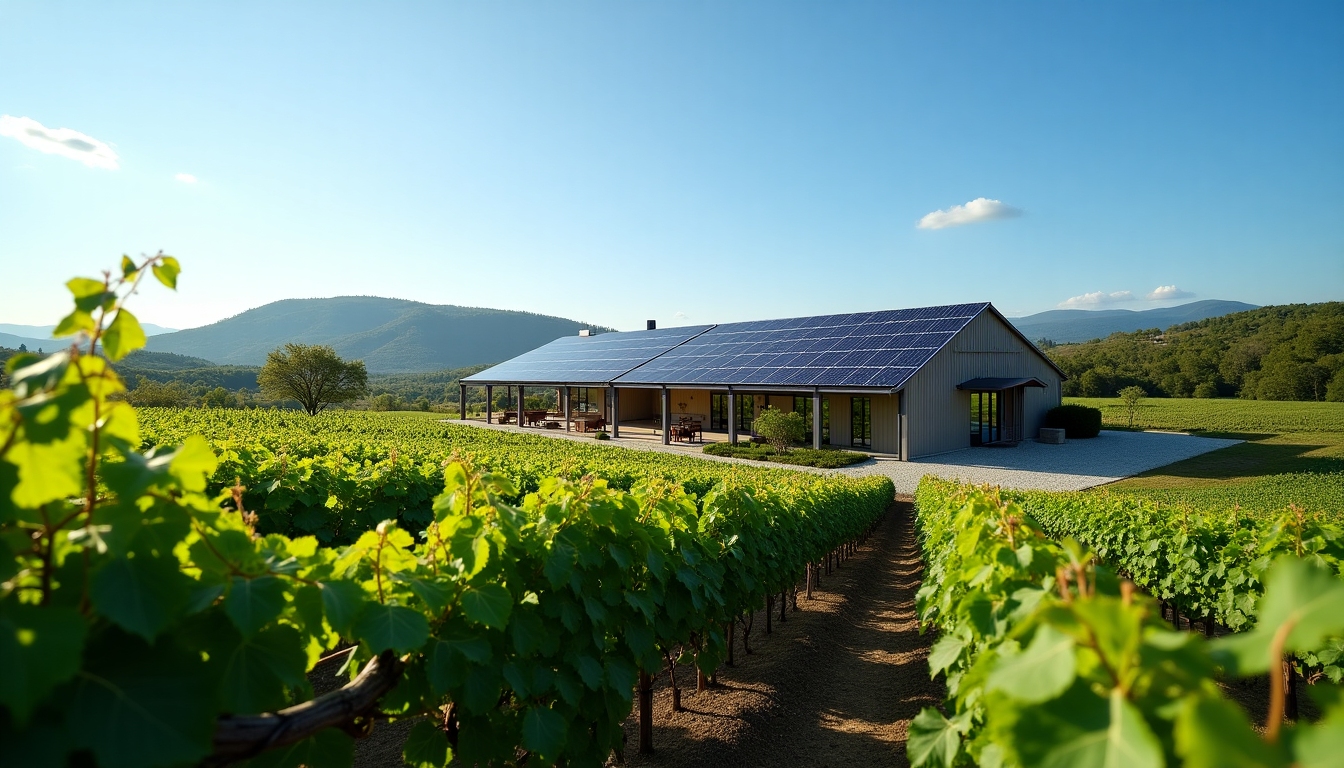 A panoramic view of a modern winery with solar panels, surrounded by lush green vineyards and blue skies.