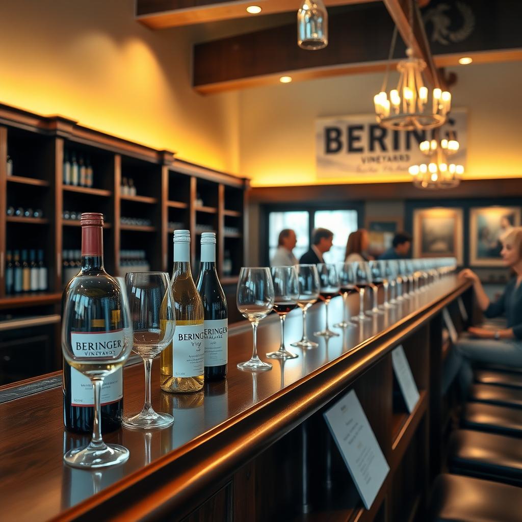 Beringer Vineyards tasting room with wine bottles and visitors