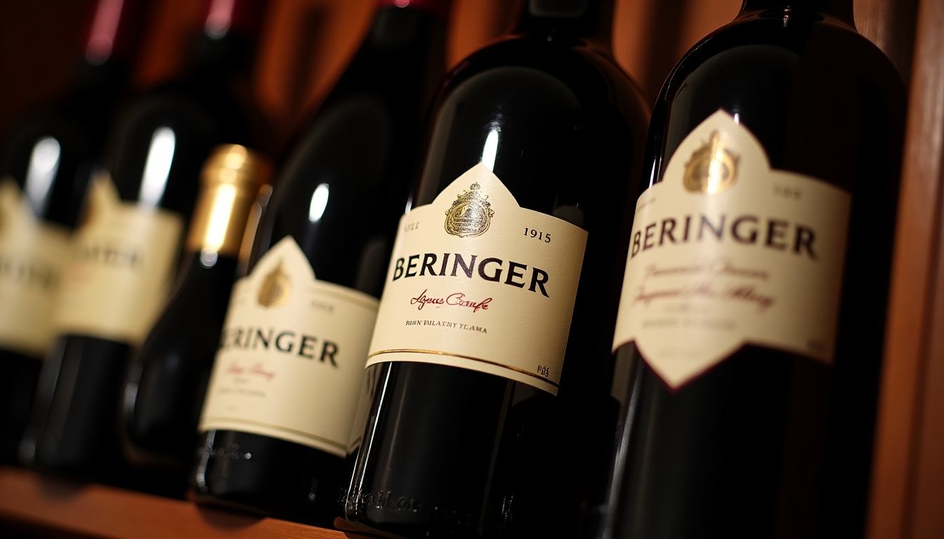 Close-up of Beringer wine bottles, showcasing labels