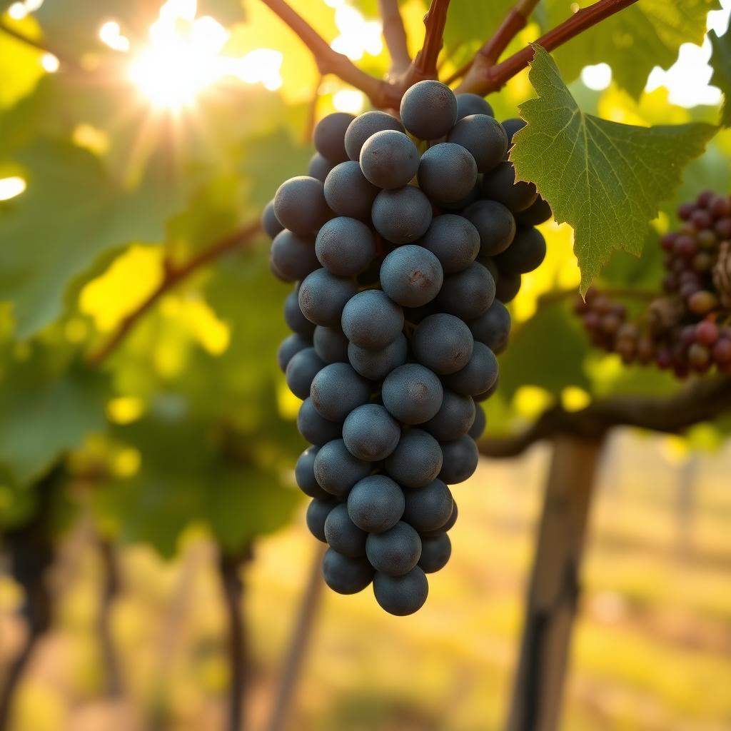 Close-up of ripe Cabernet Sauvignon grapes on a vine in a vineyard.