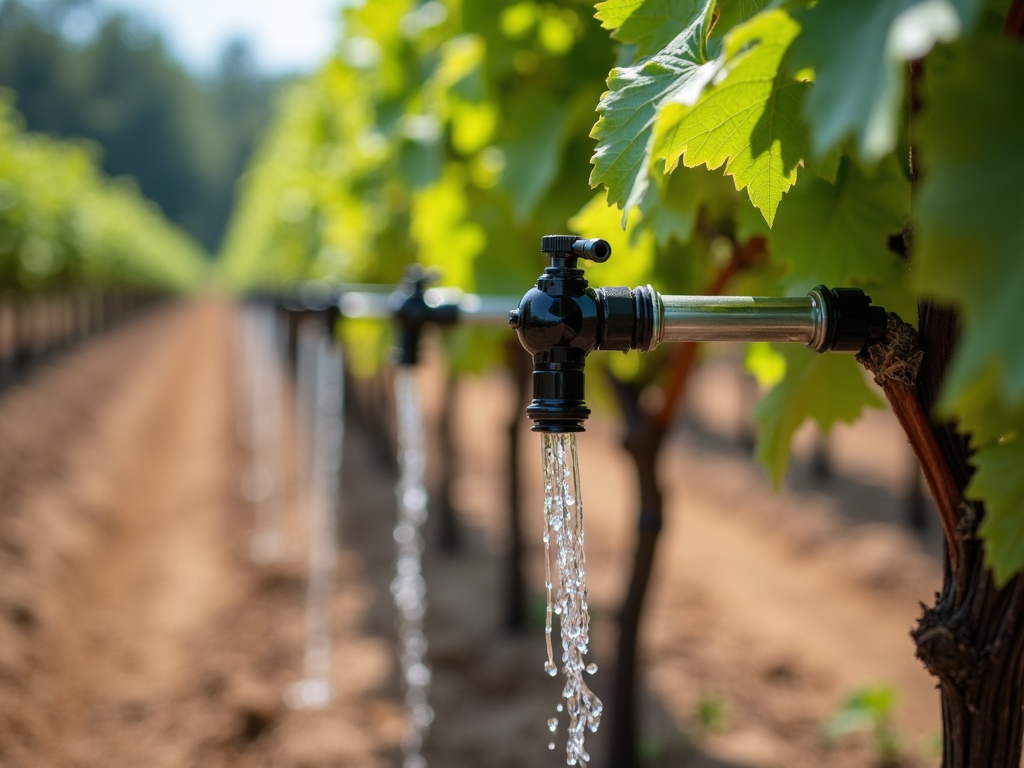 A drip irrigation system delivering water to grapevines, highlighting water conservation in winemaking.