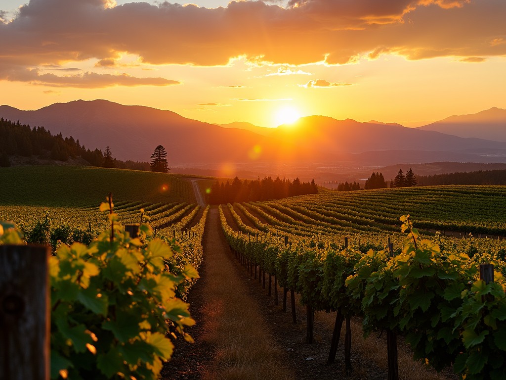 A vineyard at sunset with rows of grapevines stretching into the distance and a majestic mountain backdrop, illustrating Jackson Family Wines' beautiful vineyard landscapes.