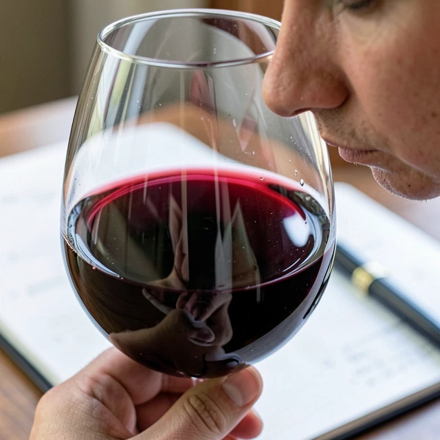 Close view of smelling aromas in a glass of Beringer Merlot during tasting