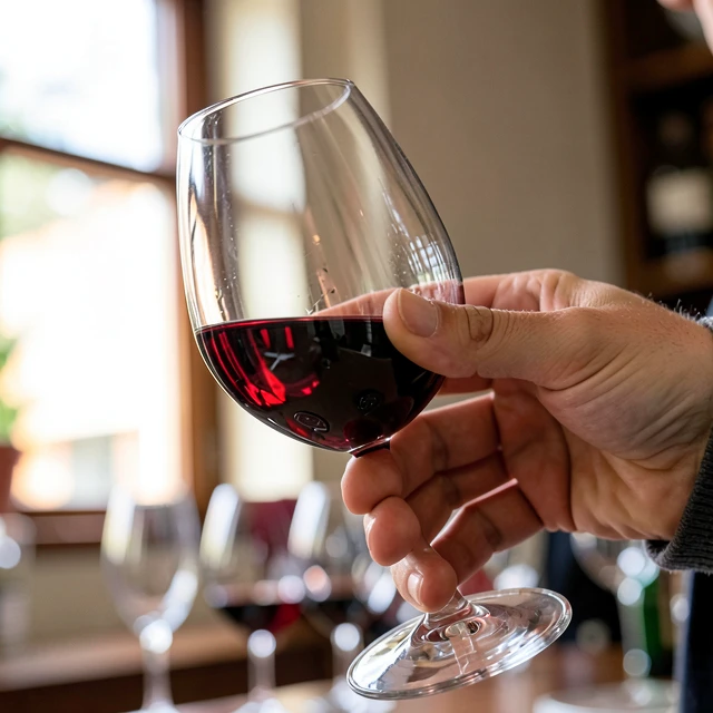 Hand swirling red wine glass to release aromas during tasting
