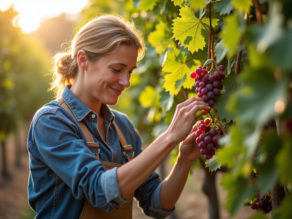 Winemaker inspecting grapes in the vineyard