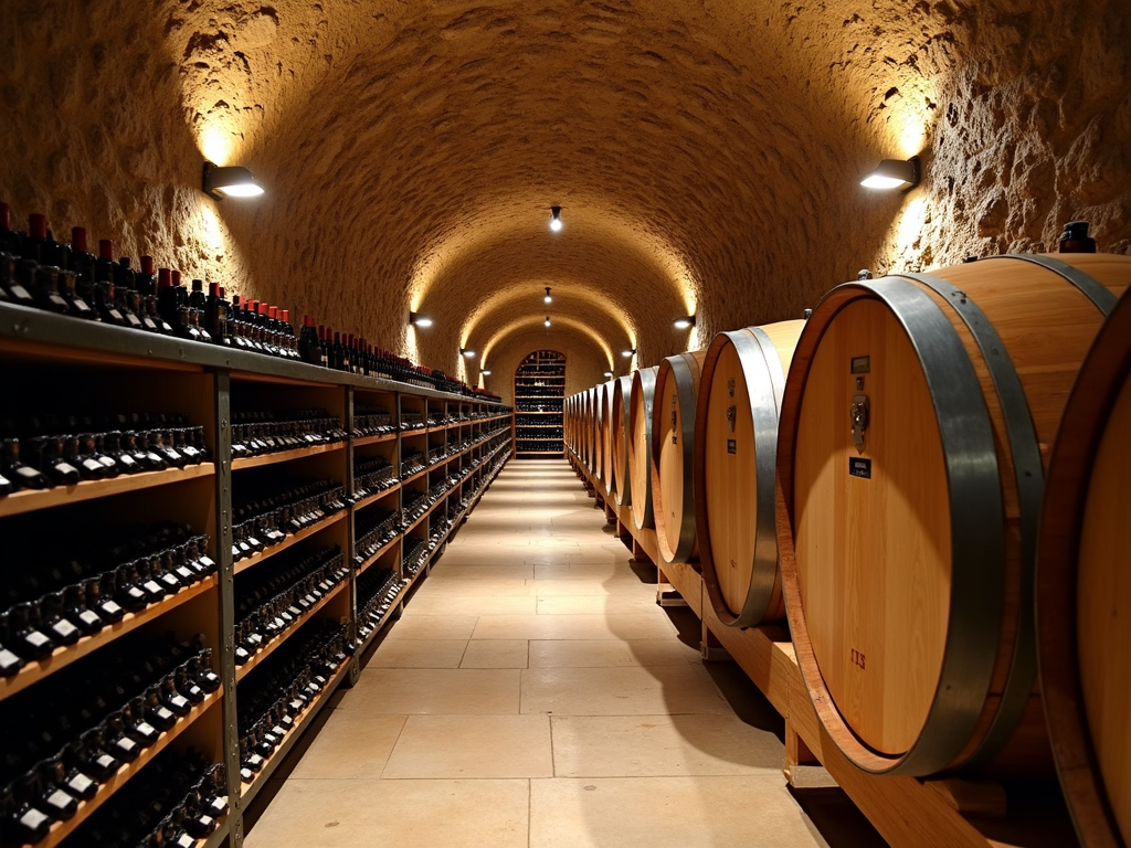 Wine cellar with bottles and barrels