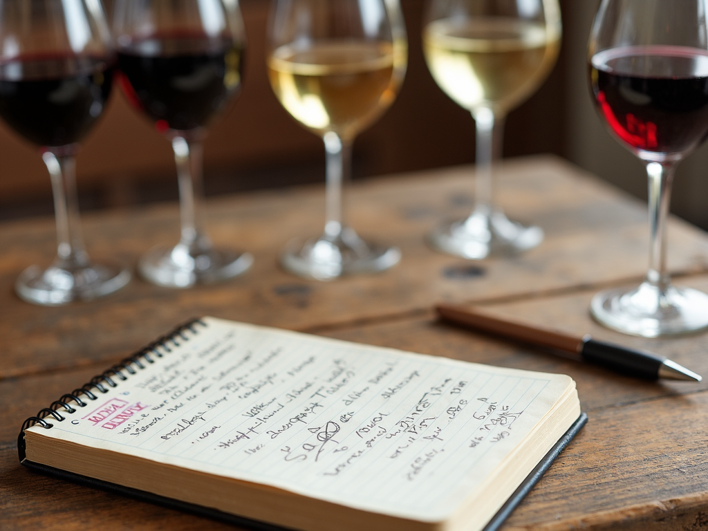 Wine tasting setup with glasses and notepad.