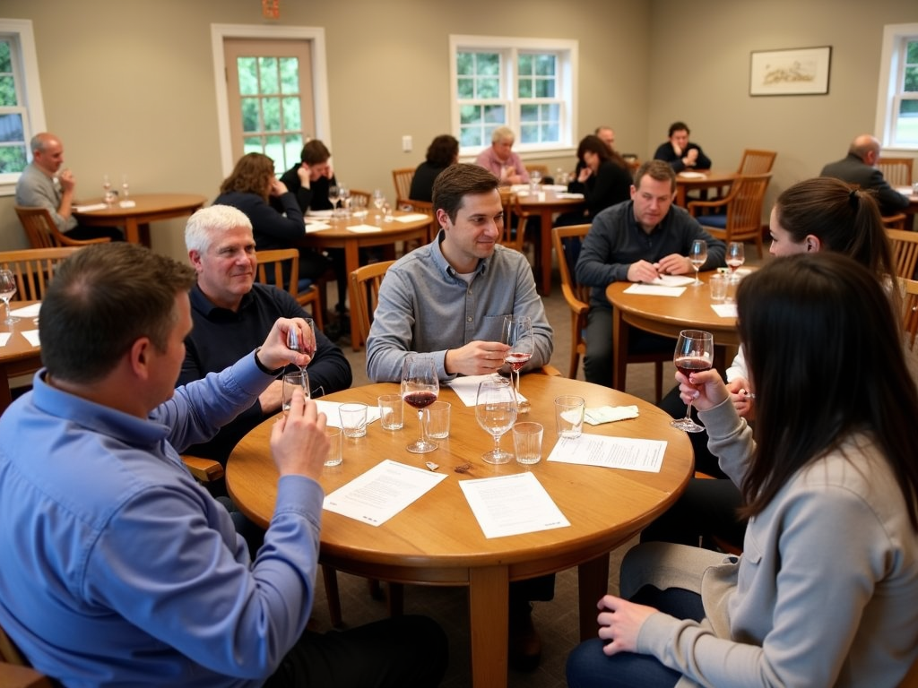 Tasting room with visitors enjoying Pinot Noir flight.