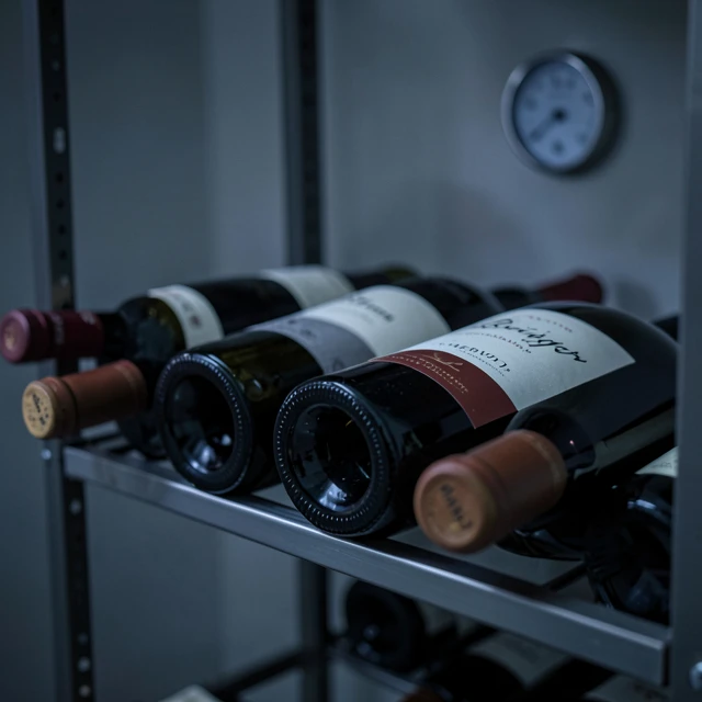 Wine bottles stored on their sides in a proper home rack including Beringer Merlot