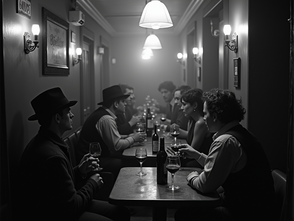 Prohibition-era speakeasy with people drinking wine