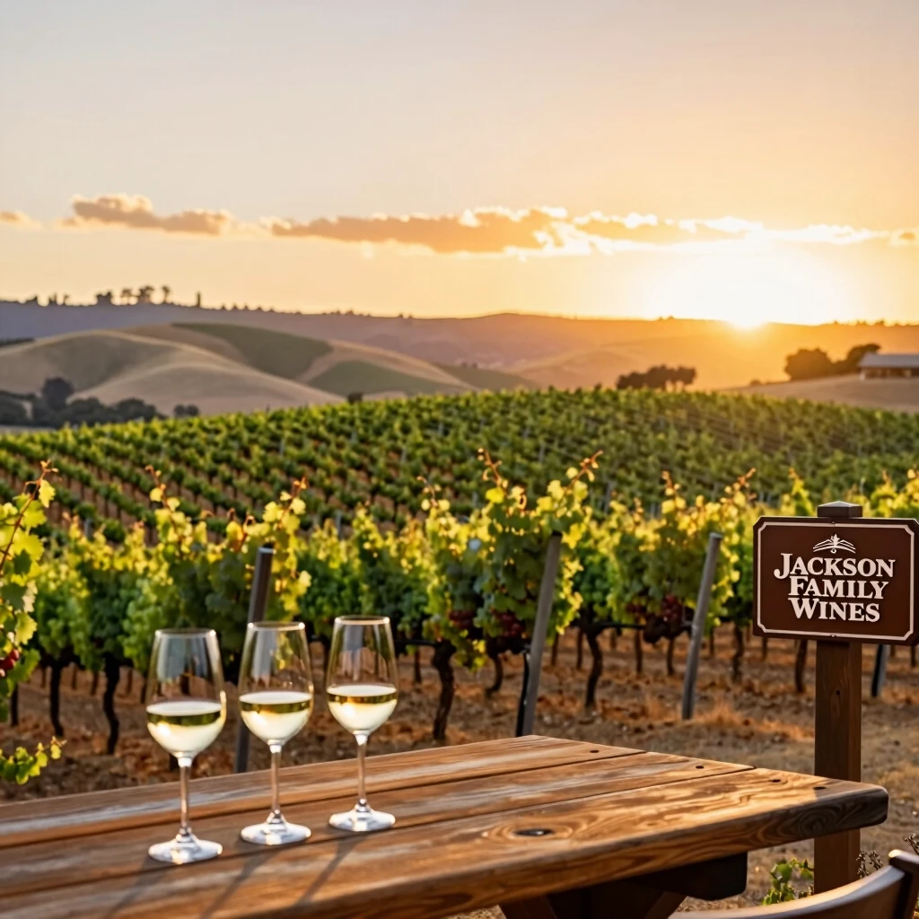 Sunset over Sonoma vineyards with a wine tasting setup