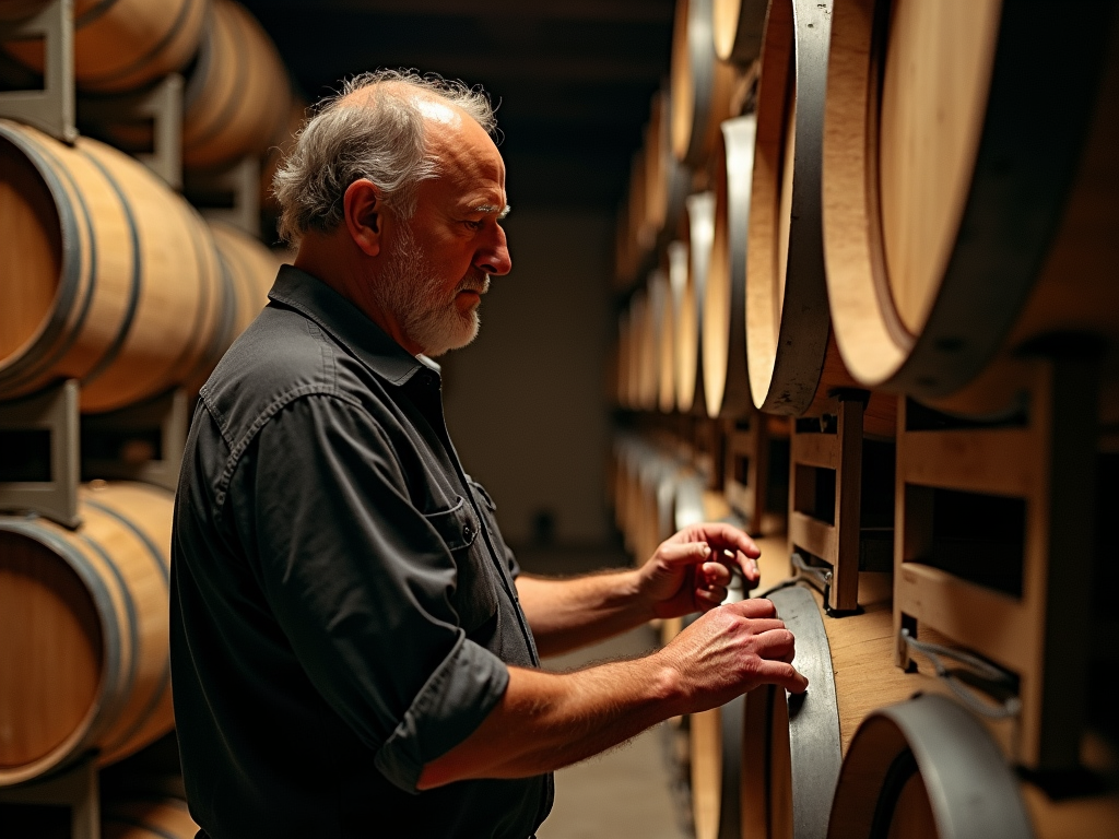 Winemaker in a cellar, showcasing traditional winemaking dedication.