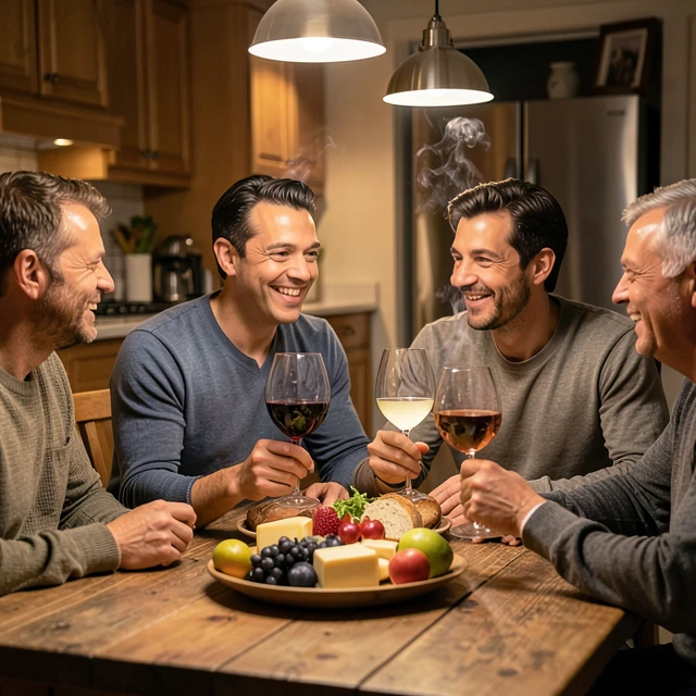 Friends tasting various wines at a dinner table