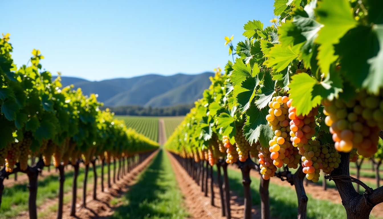 A vineyard in Napa Valley with rows of grapevines stretching to the horizon under a sunny sky.