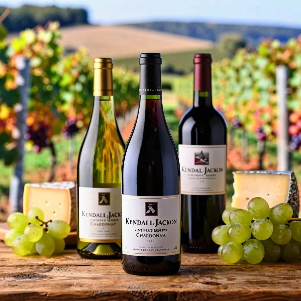 Bottles of Kendall-Jackson wines with grapes on a tasting table overlooking vineyards