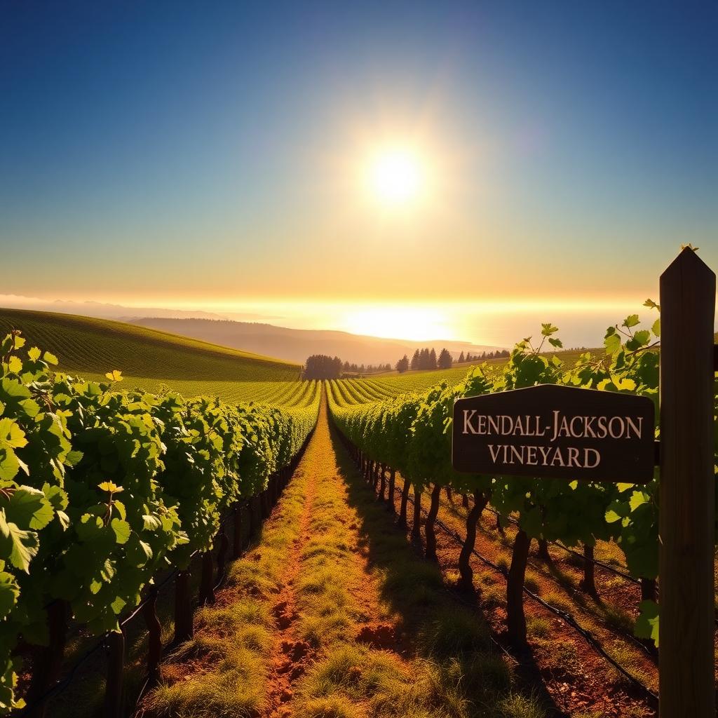 Sunrise over a lush Sonoma County vineyard with rows of grapevines and a Kendall-Jackson sign