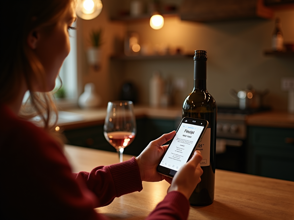 Consumer scanning a wine bottle to verify authenticity with blockchain.