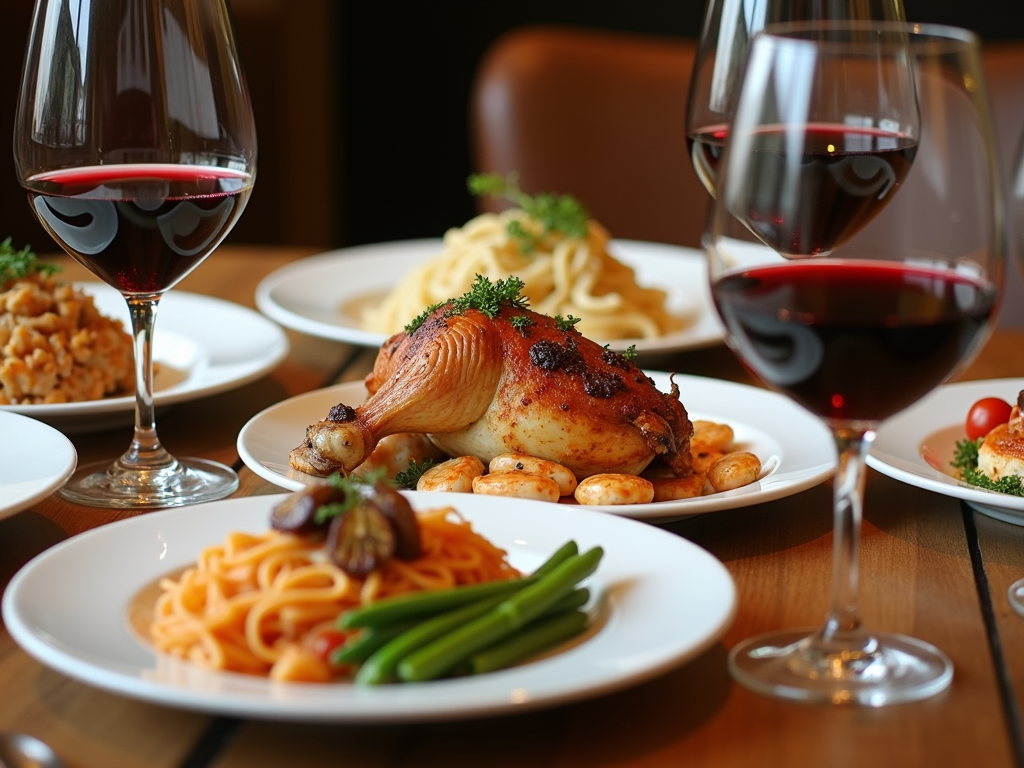 A dining table with assorted dishes and wine glasses, showcasing wine and food pairings.