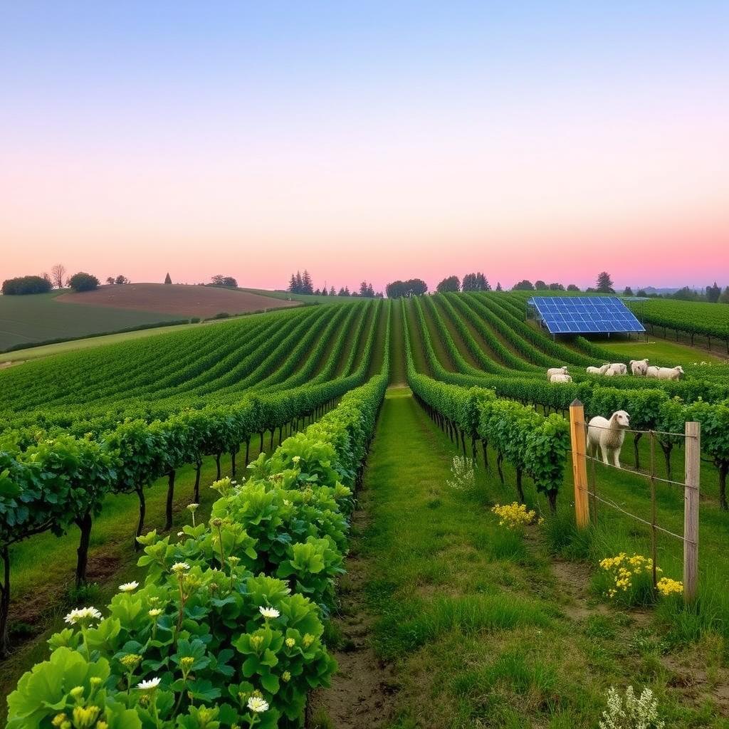 Sunrise over a sustainable vineyard in Sonoma County with grapevines, cover crops, solar panels, and grazing sheep.