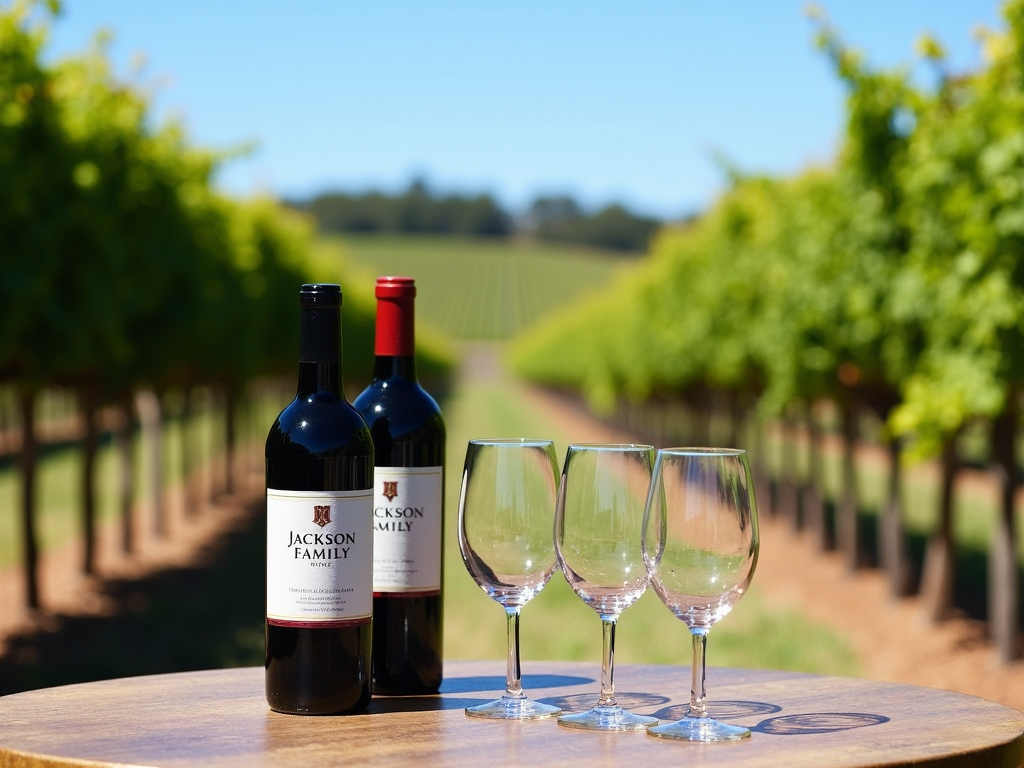 A vineyard with Jackson Family Wines bottles on a table.