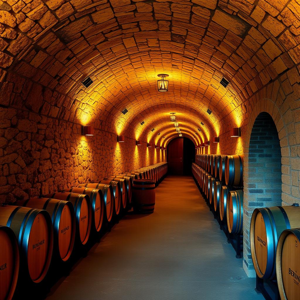 Beringer’s historic wine-aging tunnels feature oak barrels along stone walls, illuminated by warm lighting.