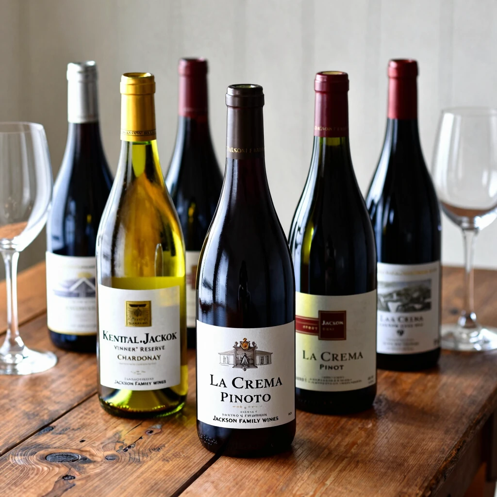 Bottles of Jackson Family Wines brands on a wooden table with glasses