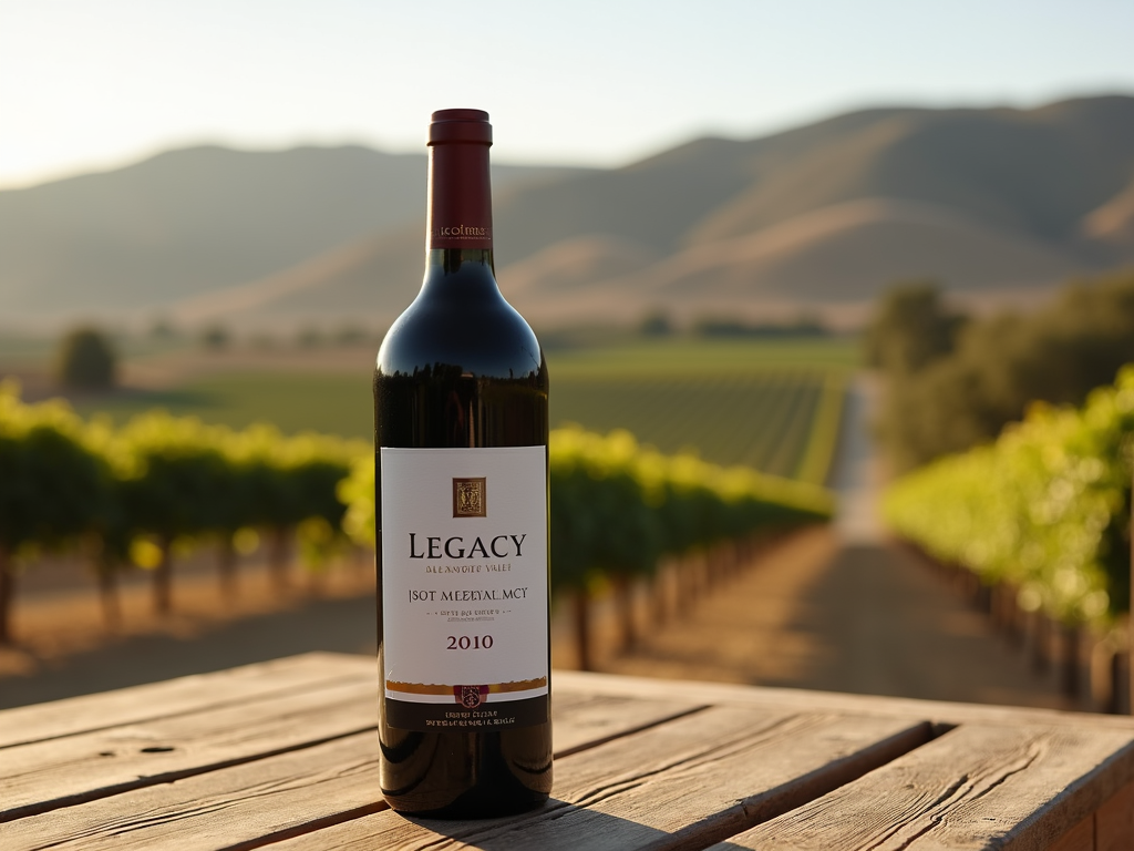 Legacy wine bottle with Alexander Valley backdrop, tying the wine to its heritage.
