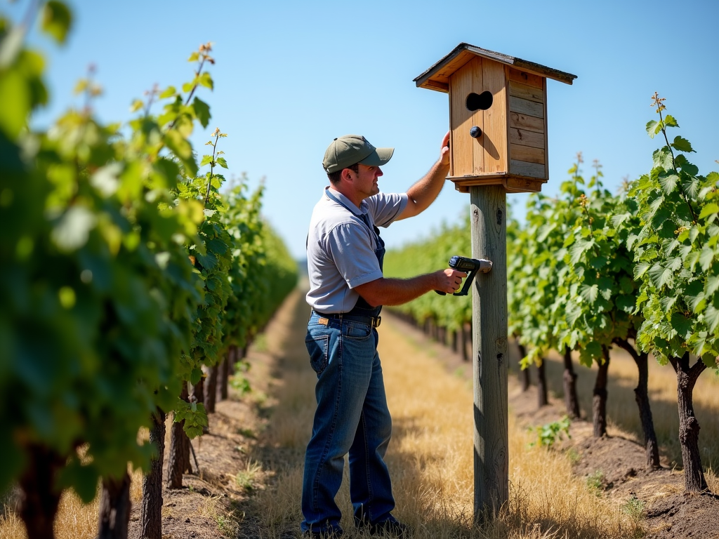 A worker installing an owl box in a vineyard to encourage natural pest control.