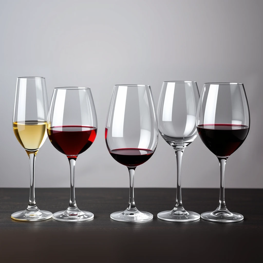 Five common types of wine glasses displayed side by side for comparison