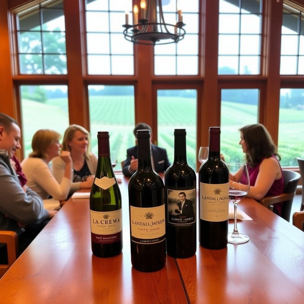 Cozy Kendall-Jackson tasting room with friends enjoying a wine tasting featuring La Crema and Freemark Abbey wines.