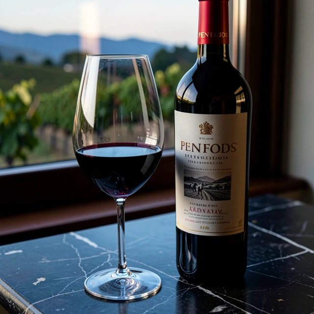 Penfolds premium red wine bottle and glass