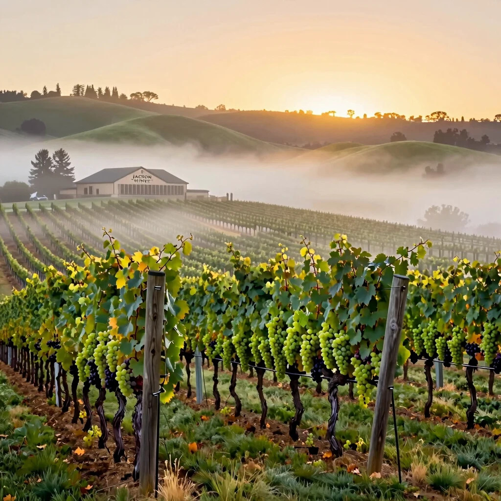 Misty vineyard at dawn in Sonoma County