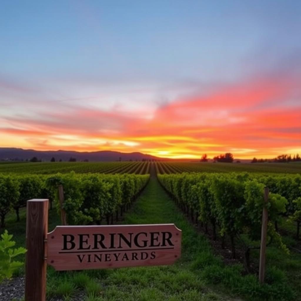 Beringer Vineyards at sunset with rows of grapevines
