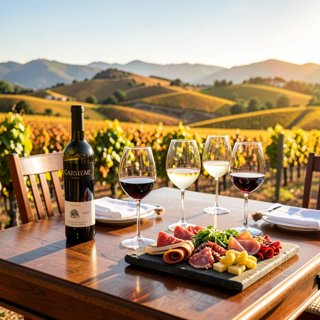 Wine tasting setup overlooking California vineyards