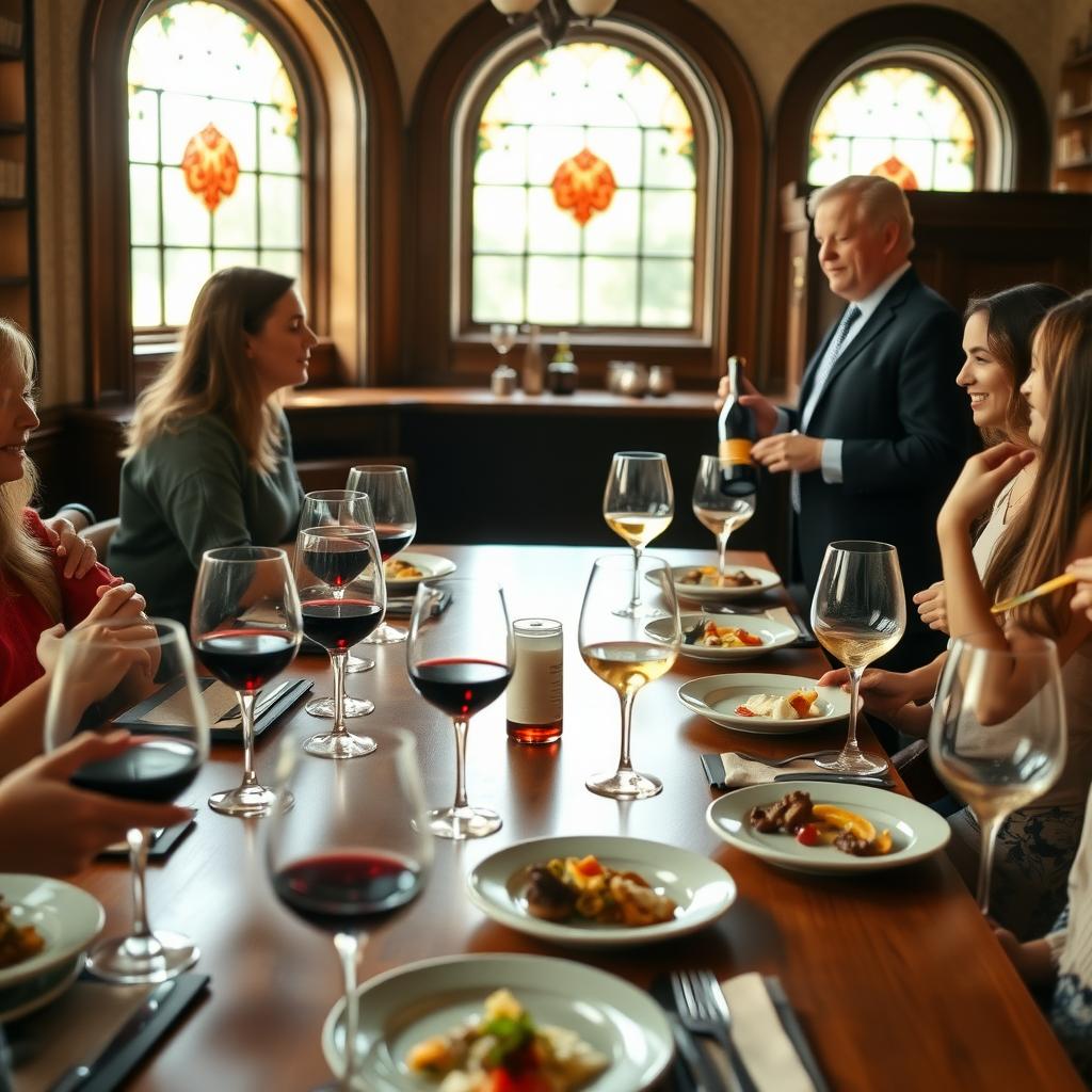 A cozy tasting room in Beringer’s Rhine House with wine glasses, food pairings, and a wine expert engaging with guests.