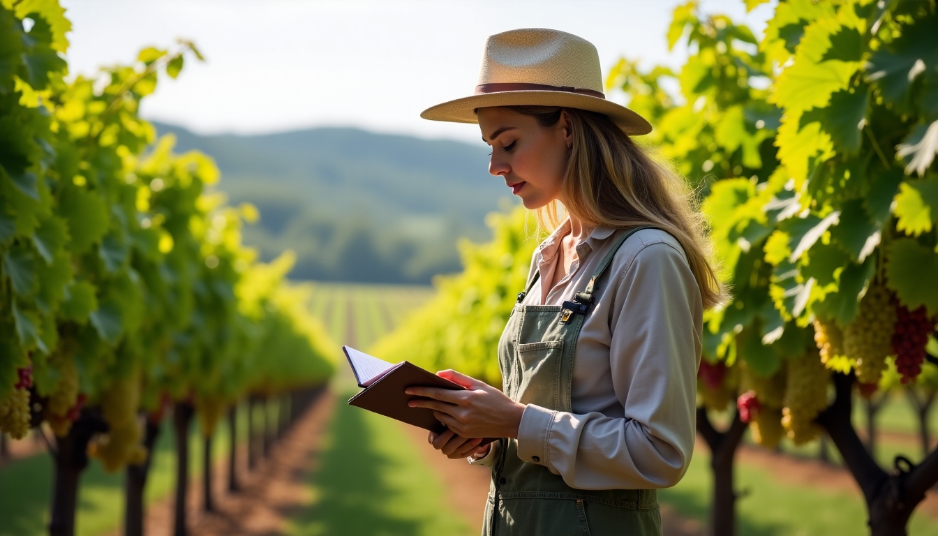 A winemaker examining grapes in a Jackson Family Wines vineyard.