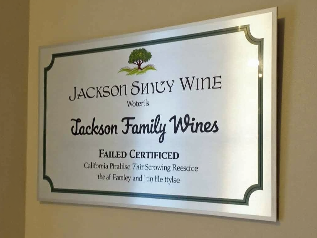 Certification plaque for sustainable practices at Jackson Family Wines.