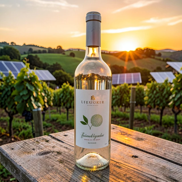 Lightweight recycled glass wine bottle in a sustainable vineyard setting.
