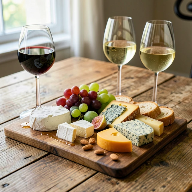 Elegant wine and cheese charcuterie board with red and white wines, fruits, nuts, and bread