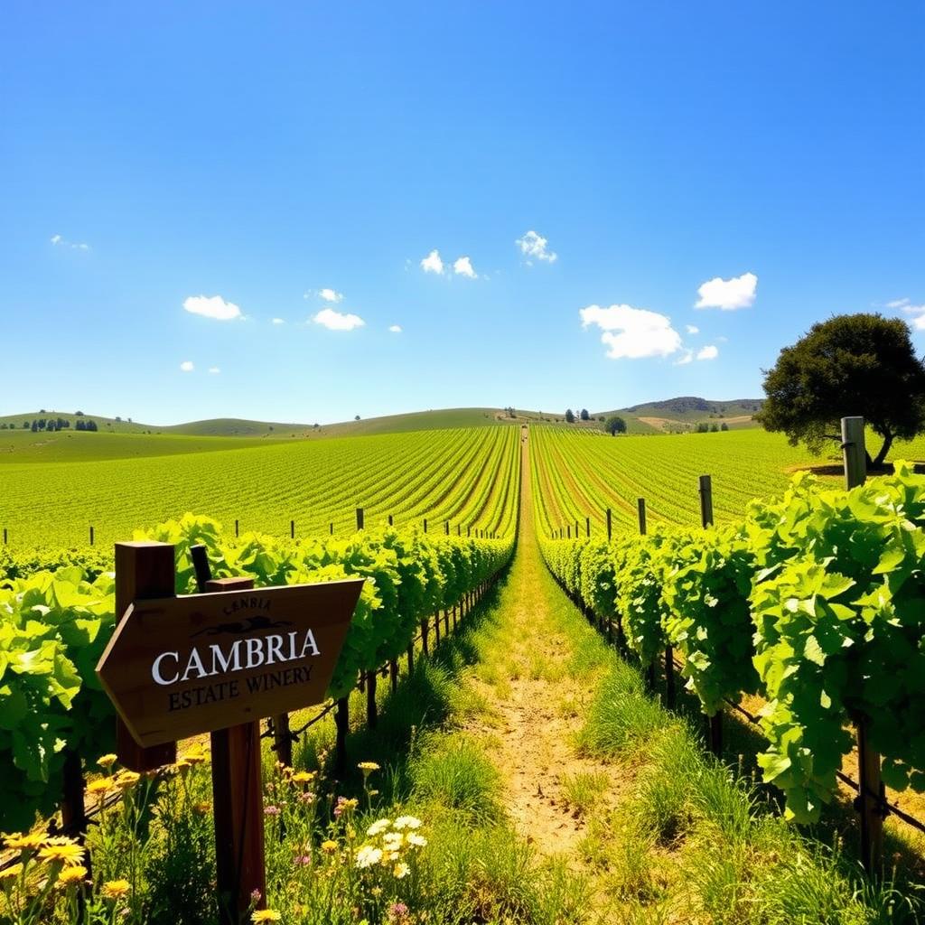 Sunlit rows of grapevines at Cambria Estate Winery with a wooden sign and wildflowers under a clear sky.