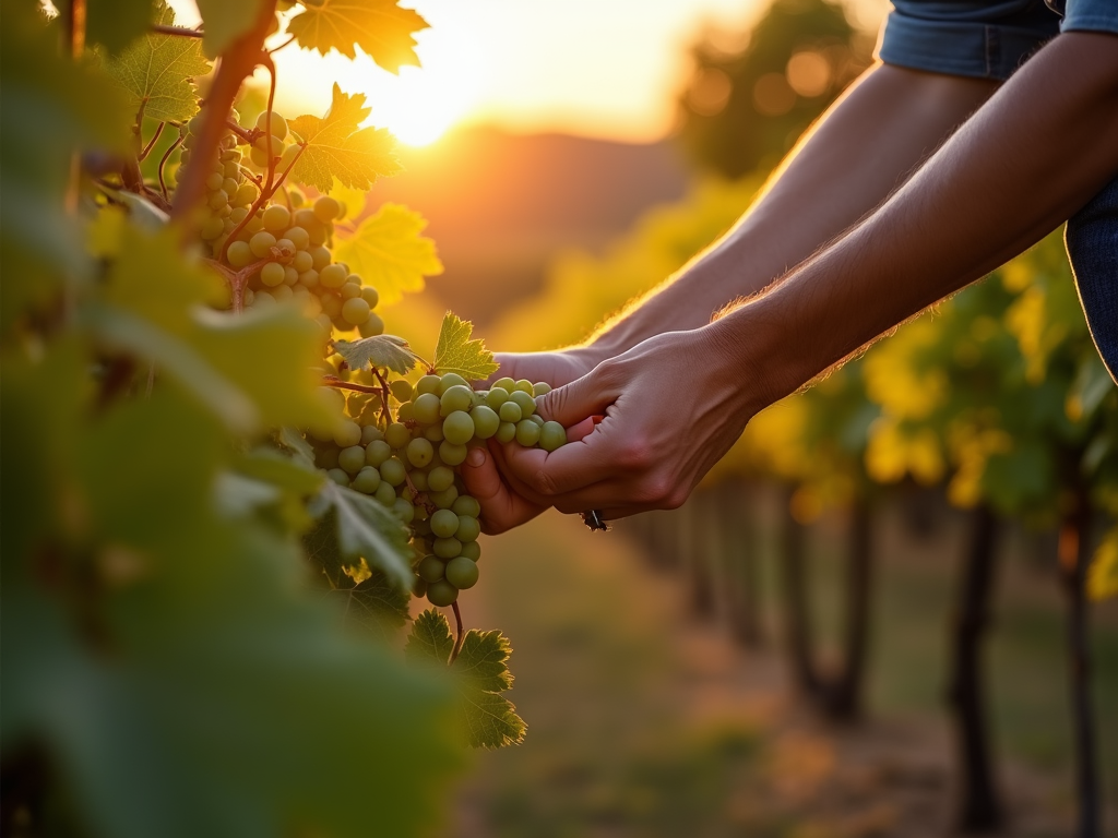 A winemaker tending to the grapevines at sunset, highlighting the dedication and craftsmanship involved in family-owned wineries.