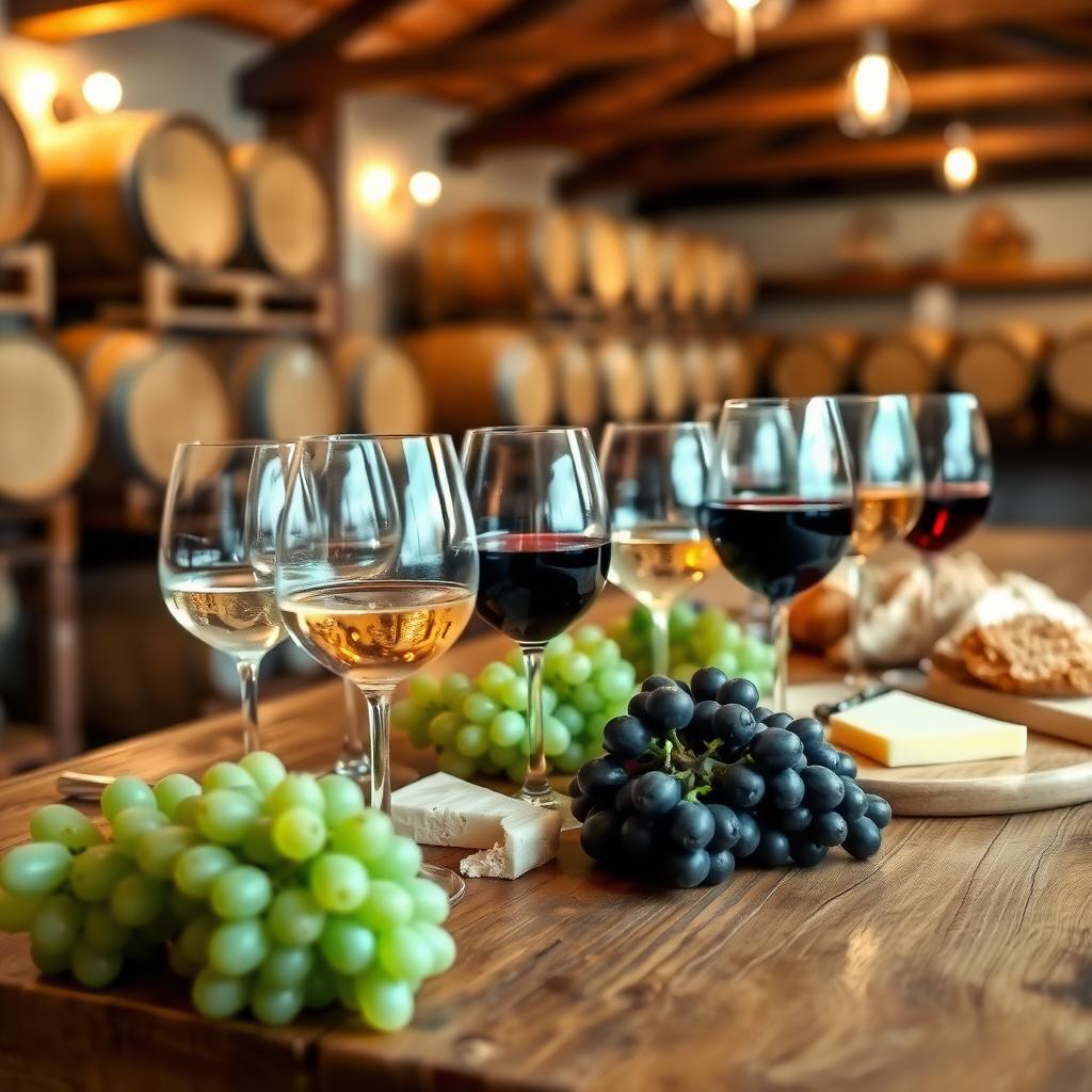 Table with assorted wine glasses, grapes, cheese, and bread in a cozy winery