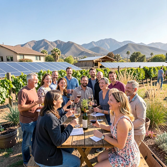 Wine enthusiasts tasting sustainable wines at an eco-friendly winery