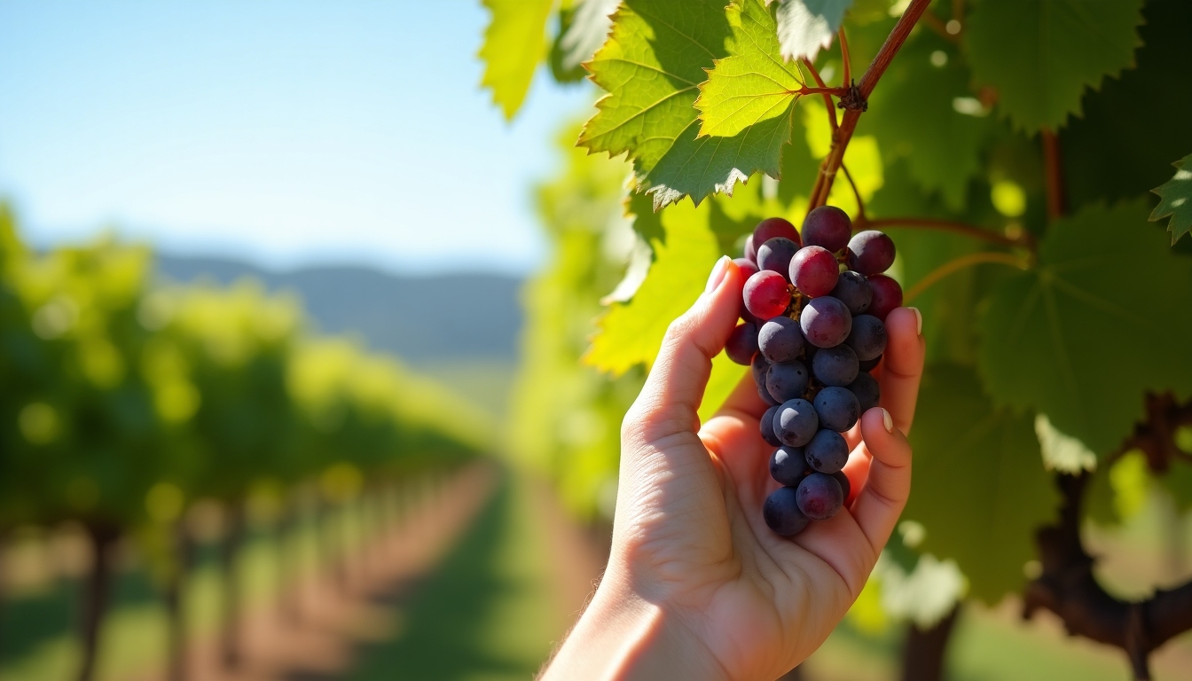 Close-up of a hand picking grapes, symbolizing the artisanal touch in winemaking.