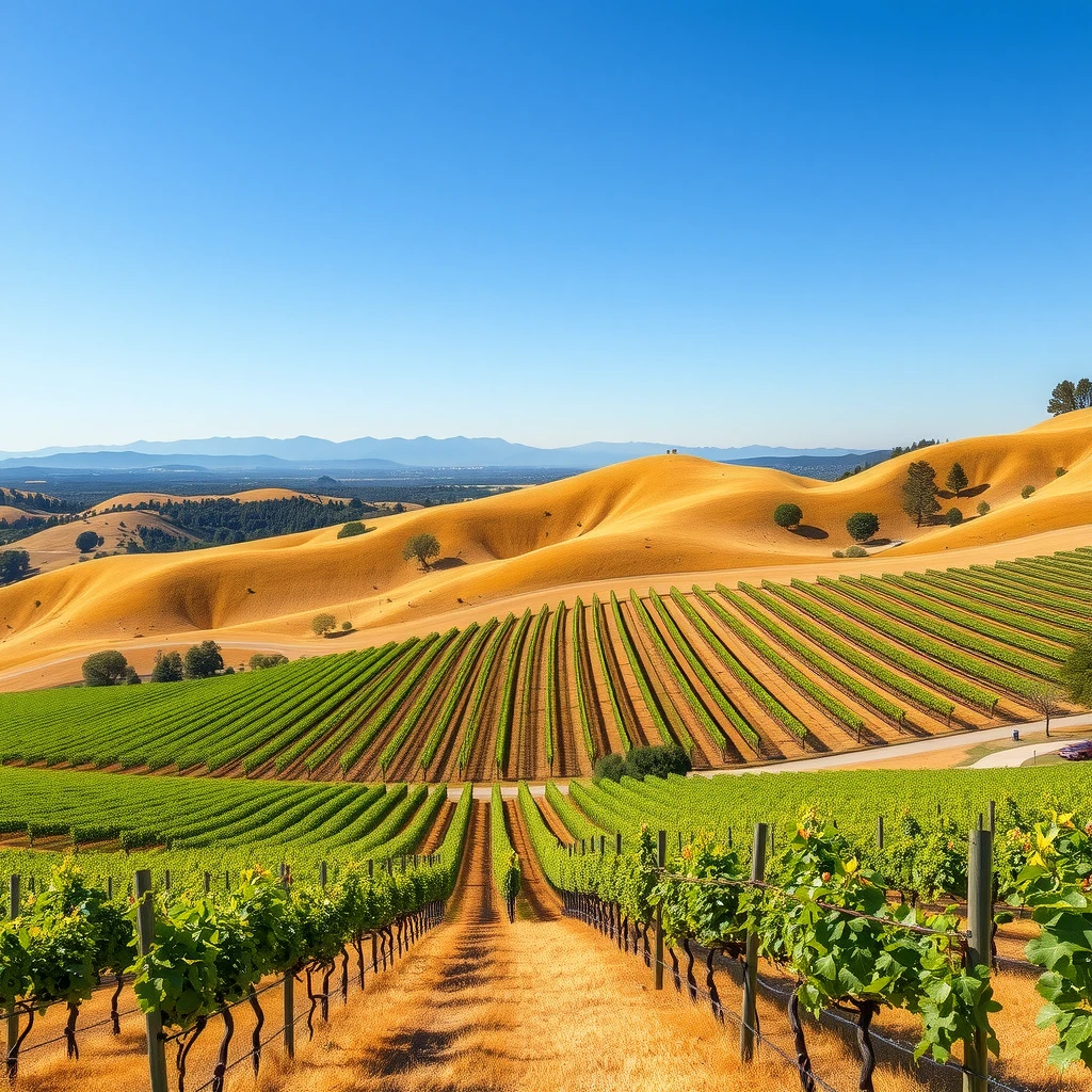 Rolling vineyards in Napa Valley with golden hills and blue sky