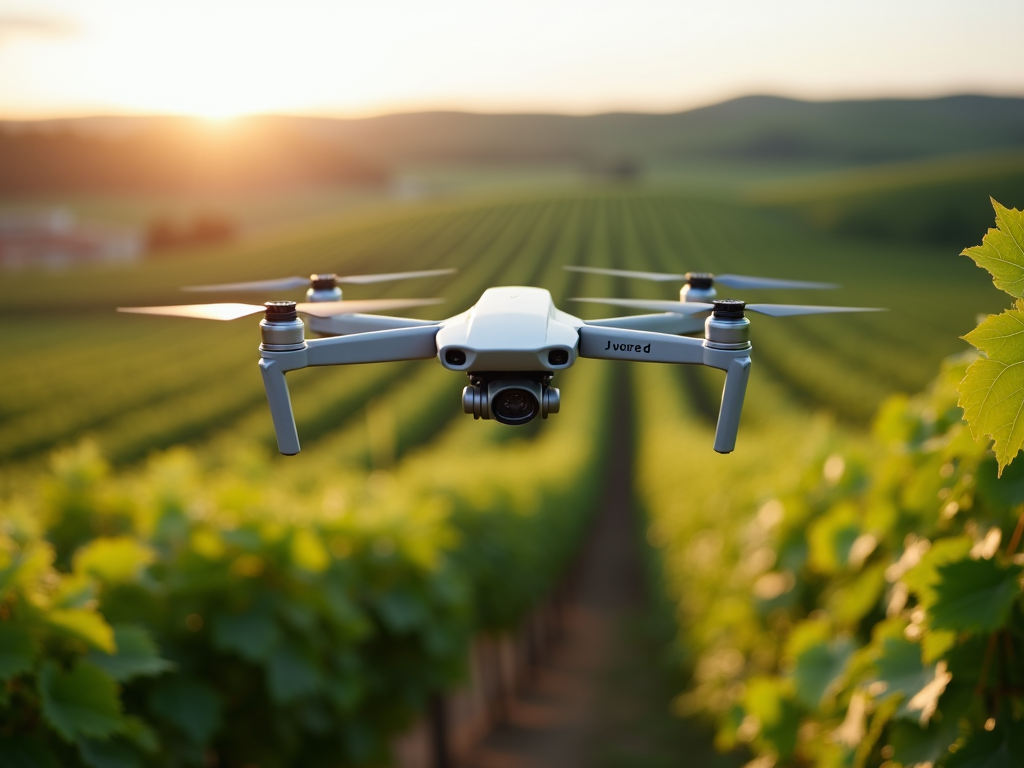 Drone flying over a vineyard, used for smart, eco-friendly grape growing.