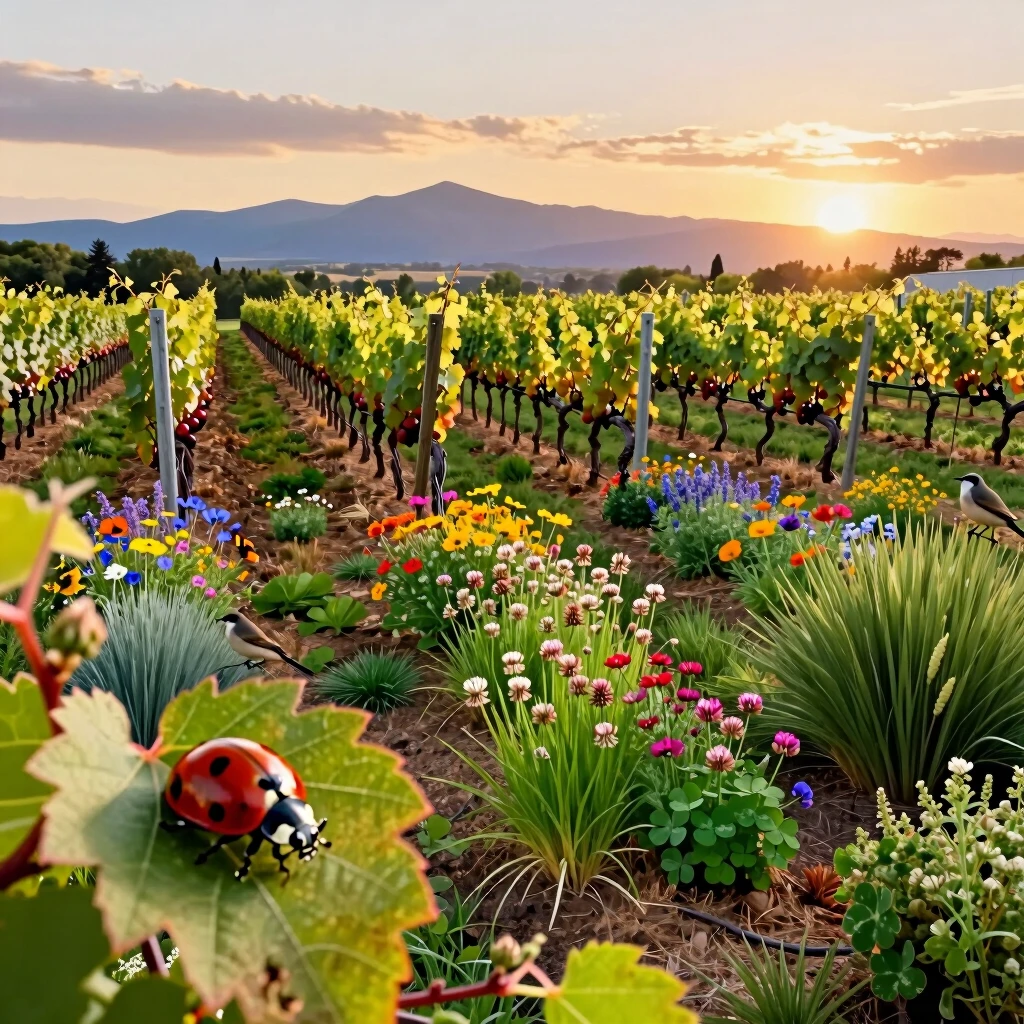 Biodiverse vineyard with cover crops and wildlife