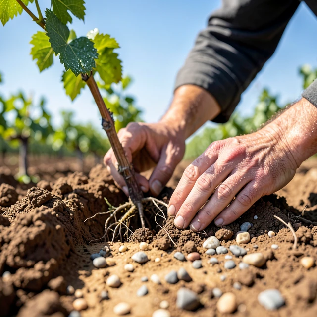 Winemaker examining diverse soil layers in a California vineyard