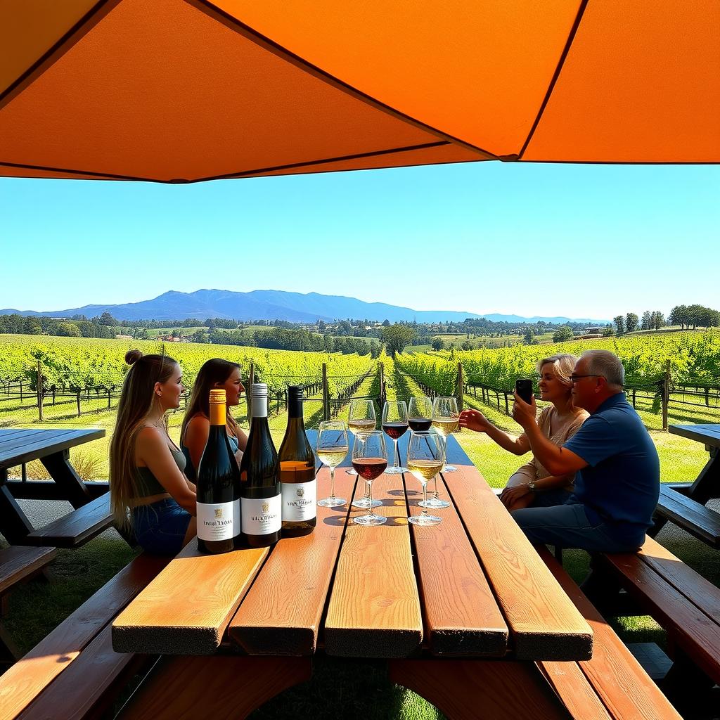 Friends enjoying a wine tasting at a Sonoma County winery with vineyards in the background.