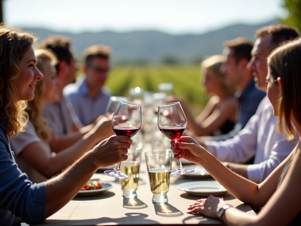 A wine tasting event with people sampling different wines at a vineyard.